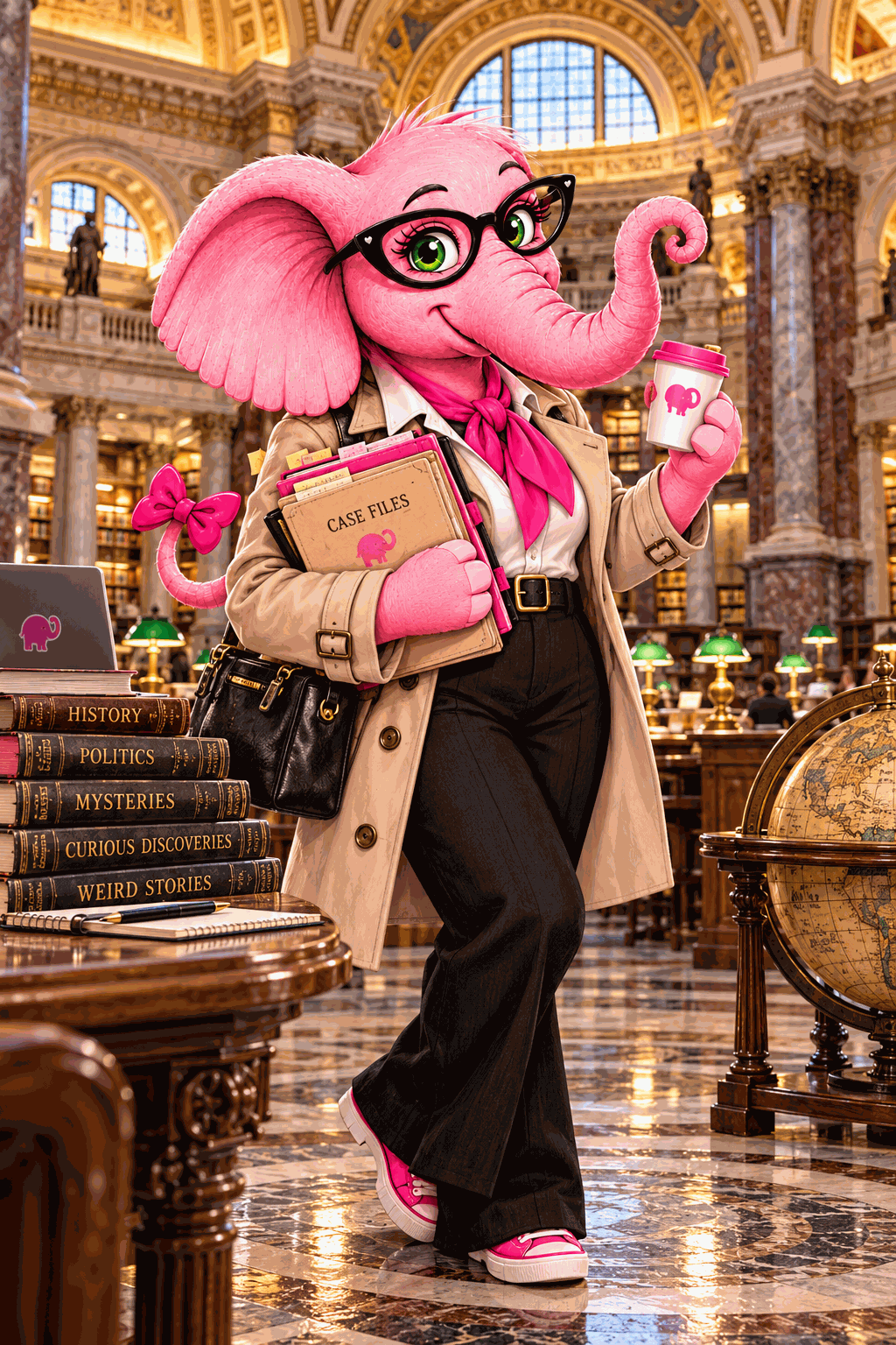 Penelope Pinkerton wearing a trench coat, pink scarf and black trousers in an ornate Library of Congress-inspired reading room